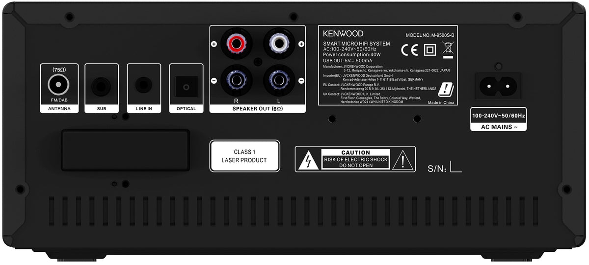 Kenwood M-9500S-B mini hifi rendszer, hátlap a csatlakozókkal